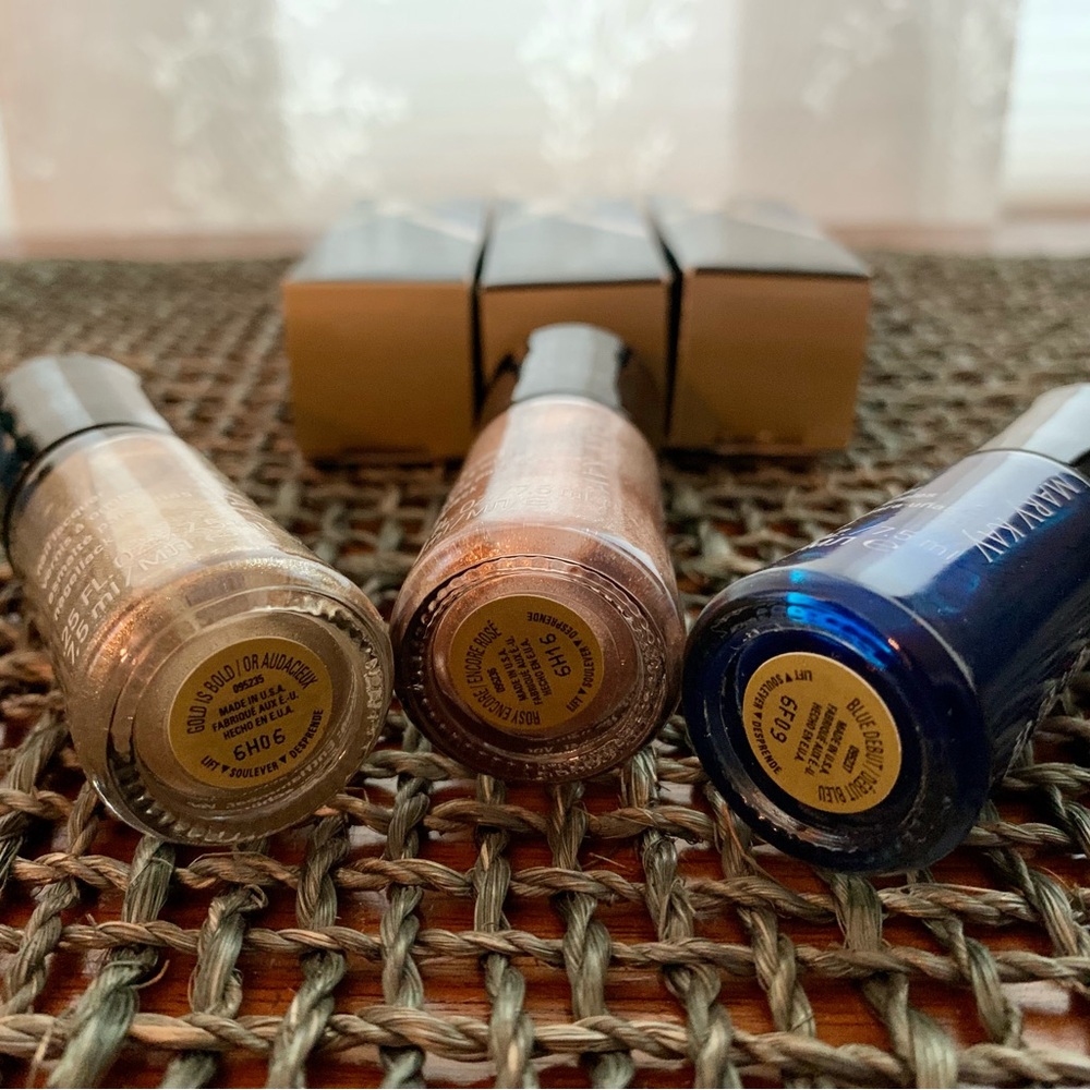 Mary Kay Vintage NIP Set of 3 Nail Polishes - Gold, Rosy Bronze, and Blue Polish